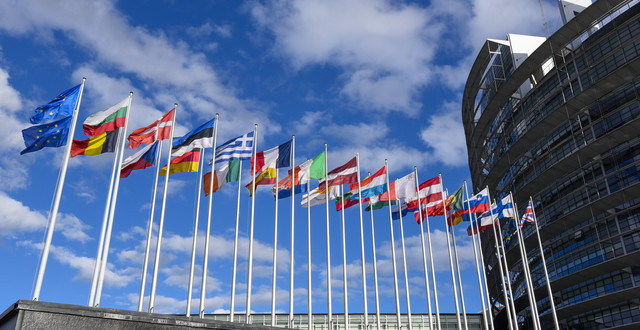 Stockshots of the European Parliament - Flags in front of EP building in Strasbourg