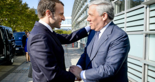 Visit of the President of the French Republic to the European Parliament in Strasbourg - Antonio TAJANI, EP President welcomes Emmanuel MACRON, President of the French Republic