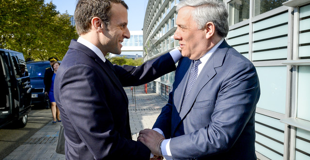 Visit of the President of the French Republic to the European Parliament in Strasbourg - Antonio TAJANI, EP President welcomes Emmanuel MACRON, President of the French Republic