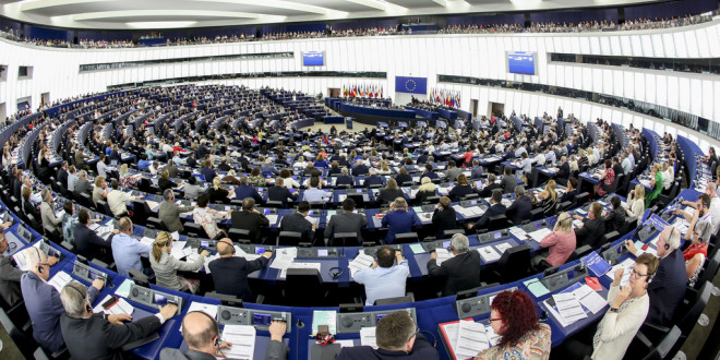 Stockshot of the hemicycle of the European Parliament in Strasbourg